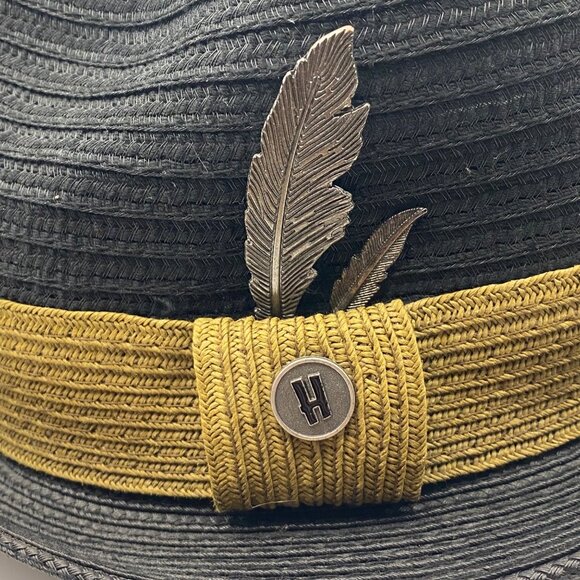 Hats in the Belfry HIB Galiano Fedora XL Black Mustard Band Metal Feather Accent - Picture 5 of 15